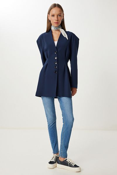 Happiness İstanbul Women's Navy Blue Waist Fitted Padded Woven Jacket Kt00026