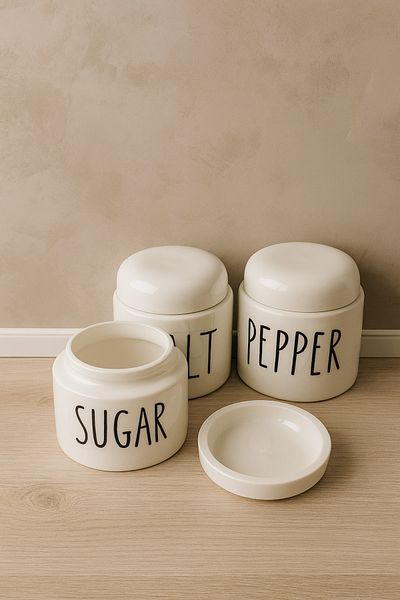 Kitchen Life Set of 3 Vacuum Porcelain Salt Pepper Sugar Spice Jar - Salt, Pepper, Thyme Storage Container