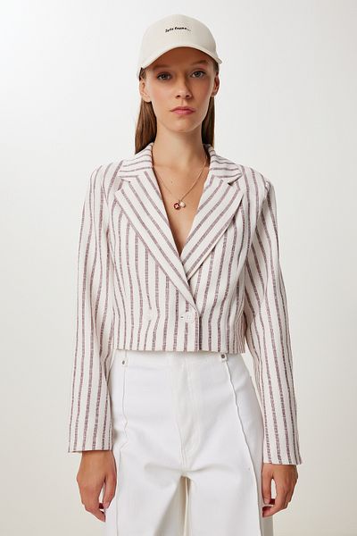 Happiness İstanbul Γυναικείο Bone Burgundy Παλτό Λινό Crop MX00254