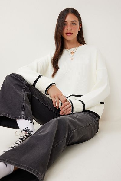 Happiness İstanbul Női Ecru Stripe részletesen kötött pulóver PF00041