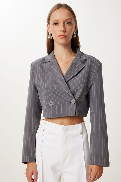 Happiness İstanbul Women's Gray Striped Padded Crop Woven Jacket Kt00020
