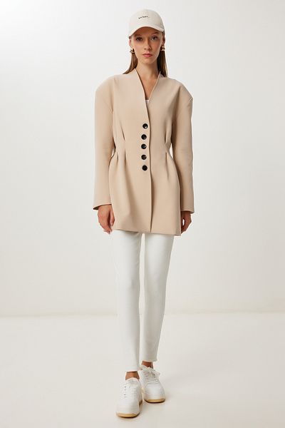 Happiness İstanbul Women's Dark Cream Waist Fitted Padded Woven Jacket Kt00026