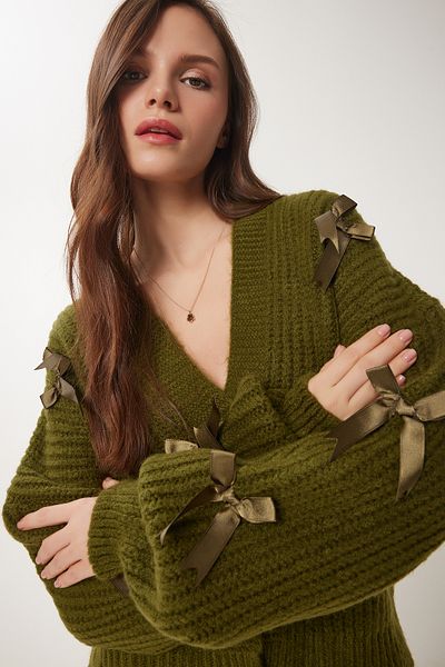 Happiness İstanbul Women's Khaki Bow Knitwear Cardigan Pf00095