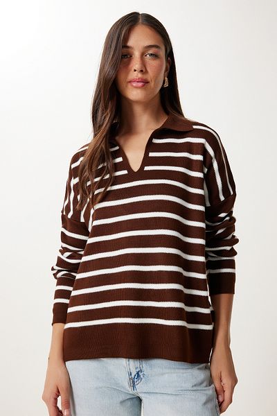 Happiness İstanbul Pulover de damă, maro, alb, cu gât polo, tricotat, US00293