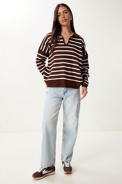 Happiness İstanbul Pulover de damă, maro, alb, cu gât polo, tricotat, US00293