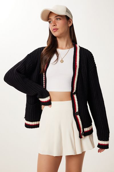 Happiness İstanbul Black V-Neck Striped Women's Knitwear Cardigan - Pf00085