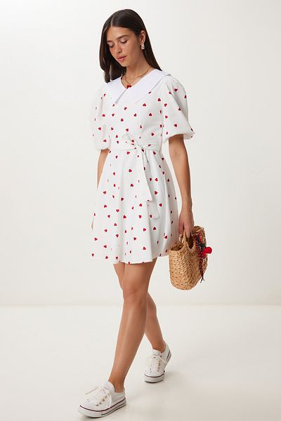 Happiness İstanbul Women's Ecru Heart Belted Mini Woven Dress Dk00174