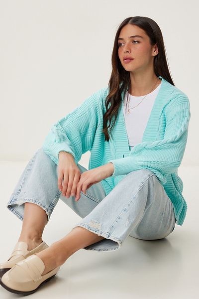 Happiness İstanbul Women's Water Green Braided Balloon Sleeve Loose Knitwear Cardigan Mx00176