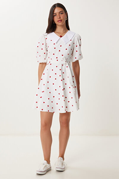 Happiness İstanbul Kadın Ekru Kalpli Kuşaklı Mini Dokuma Elbise DK00174