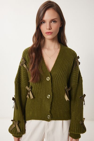 Happiness İstanbul Women's Khaki Bow Knitwear Cardigan Pf00095