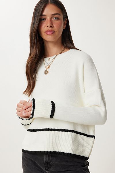 Happiness İstanbul Női Ecru Stripe részletesen kötött pulóver PF00041