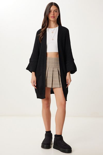 Happiness İstanbul Women's Black Oversize Long Pocket Knit Cardigan AS00003