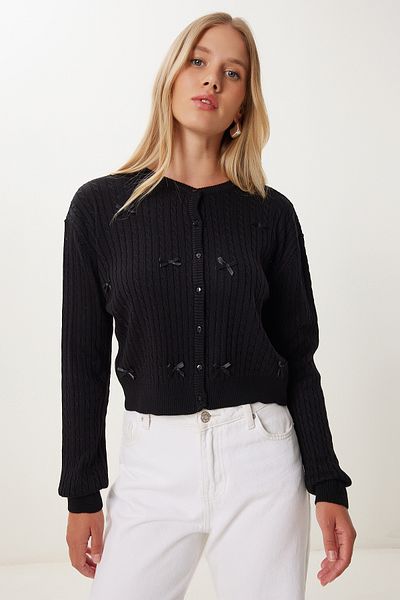 Happiness İstanbul Women's Black Bow Knitted Knitwear Cardigan Pf00102
