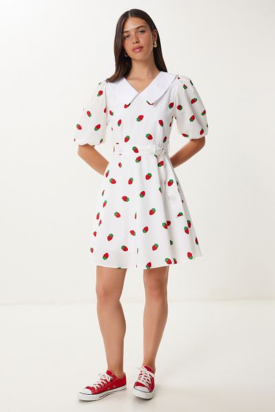 Happiness İstanbul Γυναικείο Μίνι Υφαντό Φόρεμα Ecru Strawberry Belted DK00175