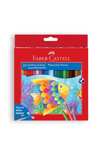 Faber Castell علبة كرتون اقلام تلوين مائية، 24 لون، قابلة للذوبان في الماء، مع فرشاة وقلم هدية