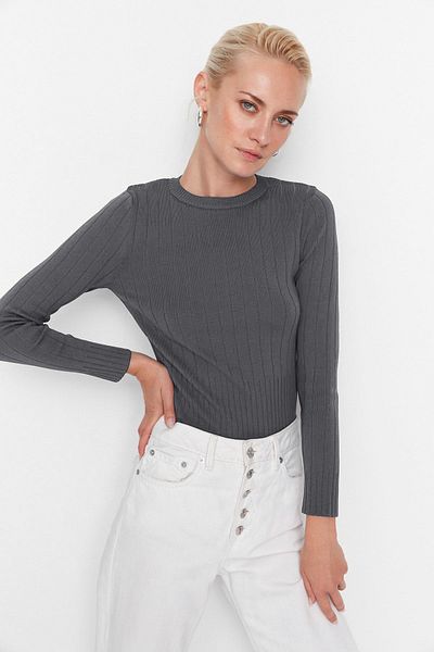 Trendyol Collection Anthracite Basic Crew Neck Knitwear Sweater Twoaw23Kz01249