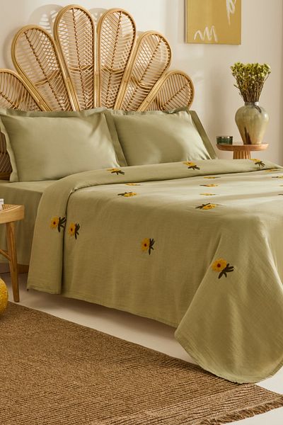Karaca Home Sunflower 100% Cotton Muslin Double Bed Covers Set Sage