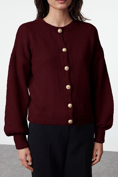 Trendyol Collection Burgundy Button Detailed Soft Textured Knitwear Cardigan Twoaw25Hi00147