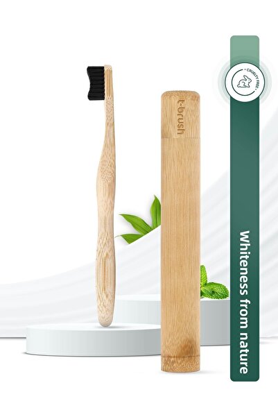 TBRUSH فرشاة أسنان متوسطة الحجم من الخيزران باللون الرمادي الداكن + حاوية تخزين