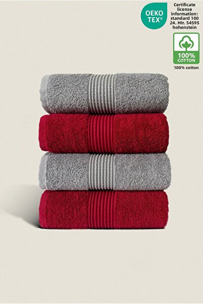 Ellaline مجموعة من 4 مناشف وجه لليدين مصنوعة من القطن بنسبة 100% معتمدة للحمام |   مطبخ |   صندوق المهر 50x90 سم رمادي - أحمر كلاريت