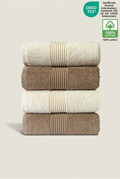 Ellaline 4-Piece Hand Face Towel Set 100% Cotton Certified Bathroom |   Kitchen |   Dowry Box 50X90Cm Cream - Brown