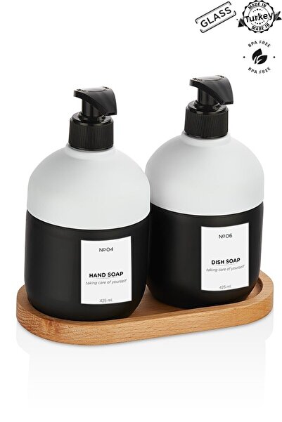 MUF HOME Set dozator de săpun lichid cu pompă de sticlă Dozator dublu de săpun lichid pe blat cu suport din lemn Dozator de săpun modern 425 ml