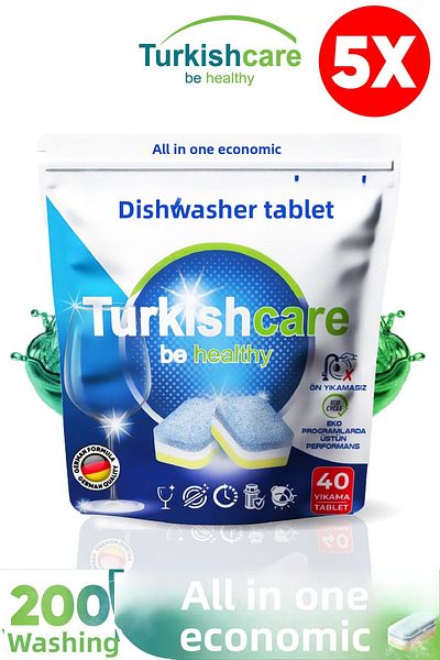 Turkishcare 5 عبوات من منظفات الأطباق الاقتصادية الممتازة 200 قطعة