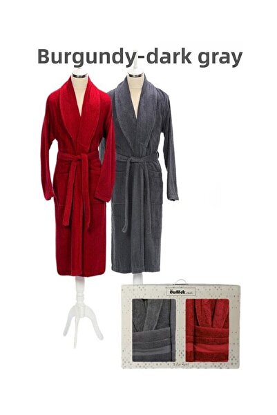 Özdilek طقم روب حمام عصري أحمر كلاريت - رمادي داكن