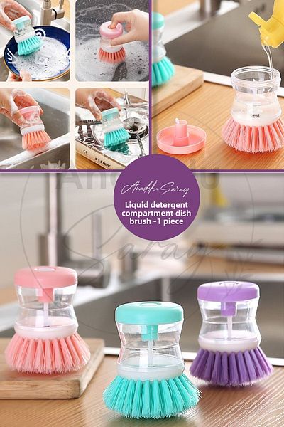 Anadolu Saray Çarşısı 1 Practical Dish Brush with Liquid Detergent Tank | Kitchen Bathroom Sink Washable