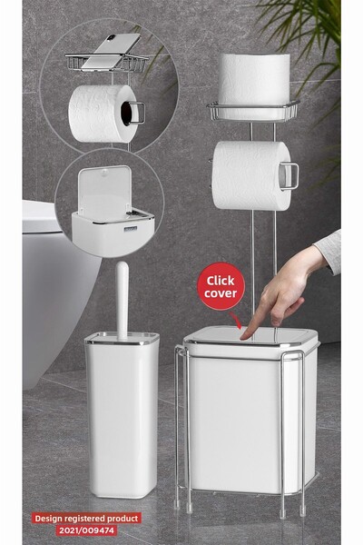 Okyanus Home Ανταλλακτικό χρωμίου θήκη χαρτιού υγείας - Λευκός κάδος απορριμμάτων και σετ βούρτσας WC