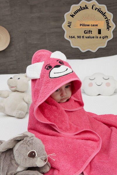 Mislina Home منشفة أطفال بغطاء للرأس مطرزة باللون الفوشيا - 100x100 سم