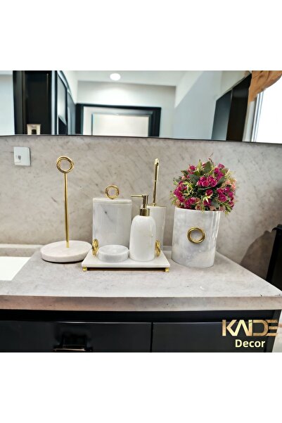 KaideDekor طقم حمام رخامي أبيض مكون من 7 قطع