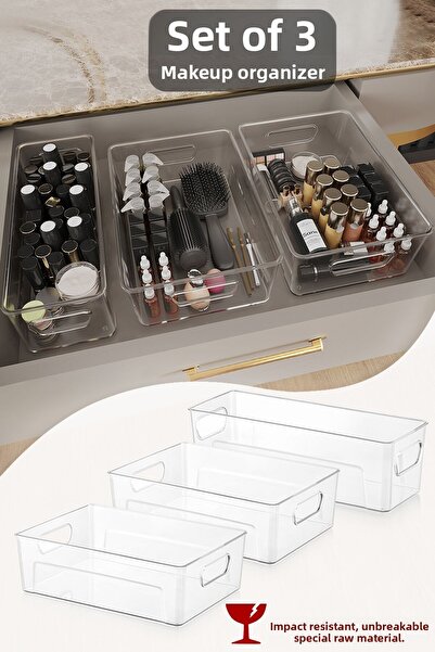 Meleni Home منظم مكياج مجوهرات شفاف غير قابل للكسر مكون من 3 قطع - مجموعة منظ...