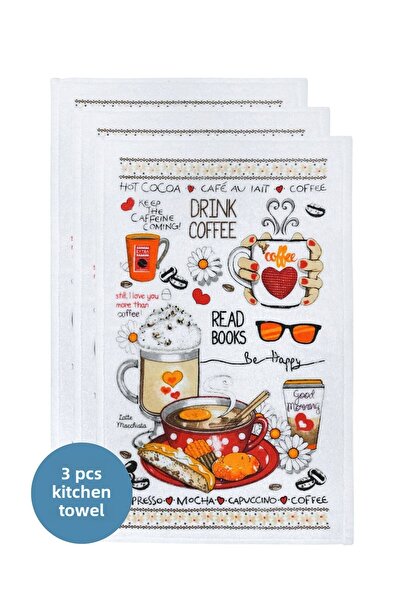 sevilya Pachet de 3 modele de prosoape de bucătărie albe imprimate