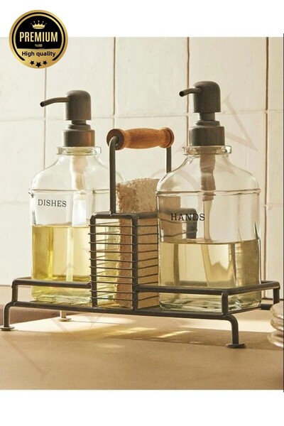 NEWNOW مجموعة من 2 حامل معدني أسود وموزع صابون سائل وموزع منظف