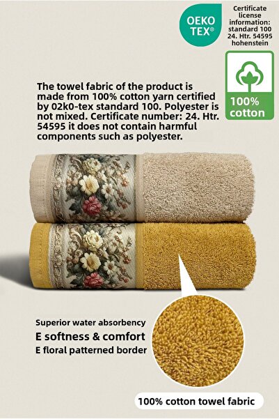 Ellaline Fiore Set of 2 Floral Patterned Towels 100% Cotton Certified Kitchen and Bed Towels 50X90Cm