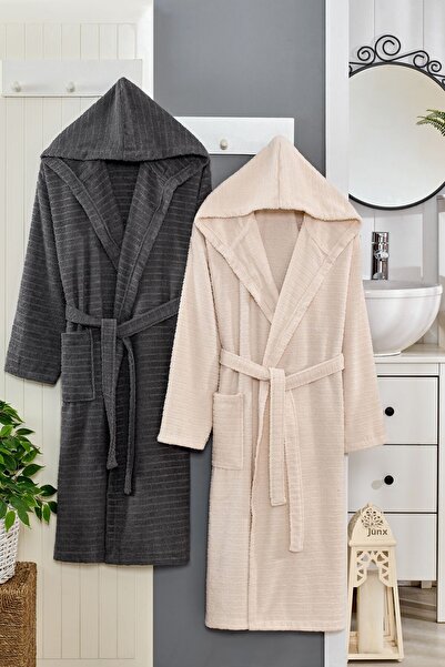 pınars طقم رداء حمام قطني مزدوج للجنسين 2 قطعة بغطاء للرأس