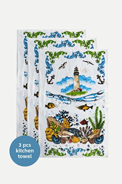 sevilya Pachet de 3 modele de prosoape de bucătărie albe imprimate