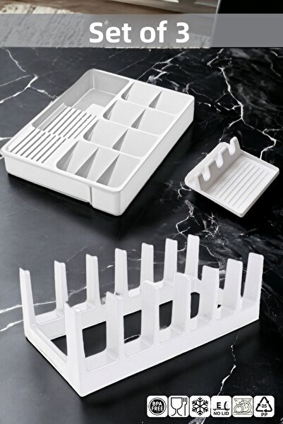 NY HOME Set de bucătărie din 3 bucăți, tacâmuri albe, suport pentru lingură, ...