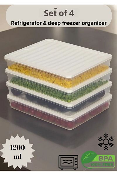 Flash Bazaar 4-Piece Refrigerator Organizer Freezer-Microwave Compatible Storage Container Lid Color4 X 1200 ml