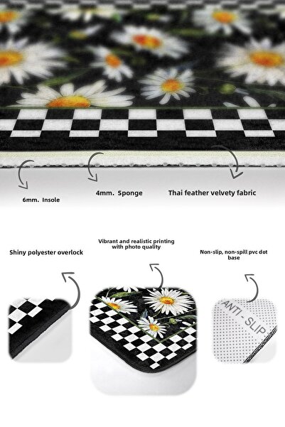 Realhomes Black - White Framed Motif Daisy Floral on a Floor Simple & Stylish 2-Piece Bathroom & Kitchen Mat Set