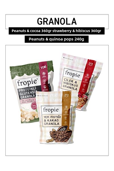 FROPİE Peanuts & Cocoa - Strawberry & Hibiscus - Gluten-Free Peanut & Quinoa Puffed Granola Set of 3