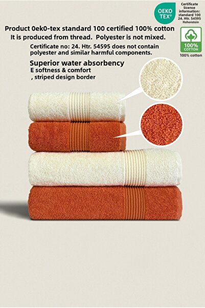 Ellaline 4-Piece Bath Towel Set 100% Cotton Certified Body and Head |   Dowry 50X90 - 70X140 Cream - Orange