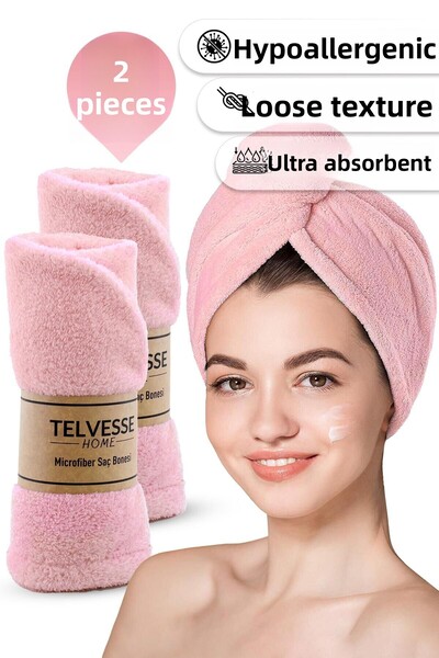 Telvesse 2Pcs Microfiber Hair Towel Elastic Beach Sea Pool Cap Bath Hair Drying Head Towel Pink