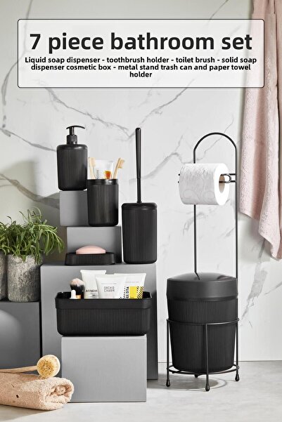 EWs طقم حمام أسود مكون من 7 قطع مع حامل معدني وحامل ورق للمرحاض وصندوق مستحضر...