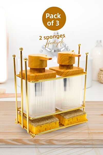 grimorlife Ξύλινο μοτίβο χρυσό μεταλλικό σταντ Απορρυπαντικό πιάτων Υγρό Σαπούνι Σετ Κουζίνας-Σφουγγάρι