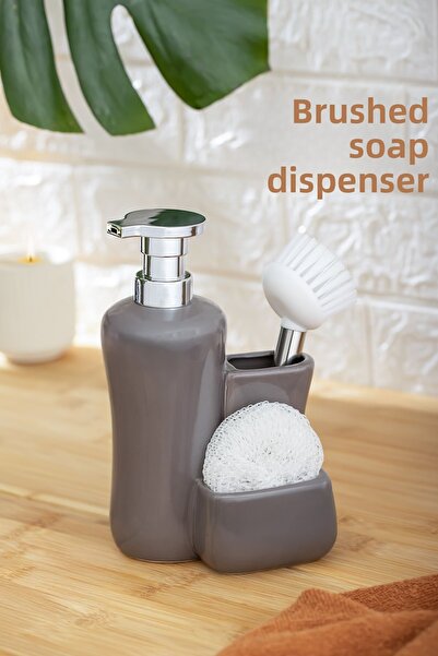 Porsima 277746 Countertop Gray Liquid Soap Dispenser Porcelain Soap Dispenser with Brush and Sponge (550ml) 20cm