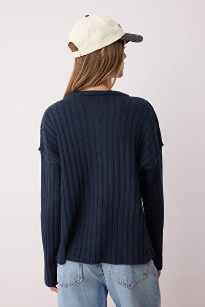 Trendyol Collection More Sustainable Navy Blue Basic Ribbed Wide Fit Knitwear Cardigan Twoaw26Hi00128