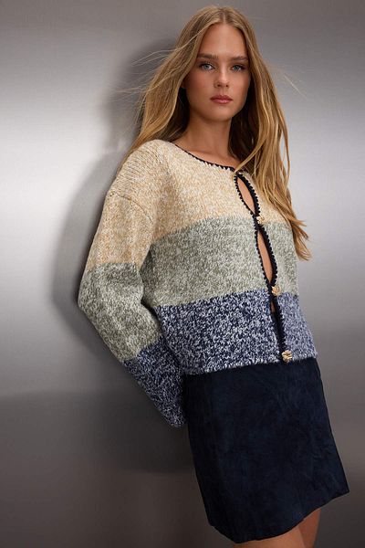 Trendyol Collection Indigo Button Detailed Crop Soft Textured Wide Fit Color Block Knitwear Cardigan Twoaw26Hi00011