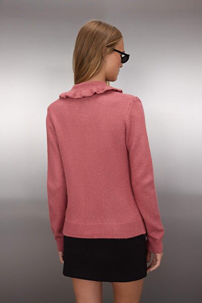 Trendyol Collection Dusty Rose Soft Textured Collar Ruffle Metal Button Detail Knitwear Cardigan Twoaw26Hi00106